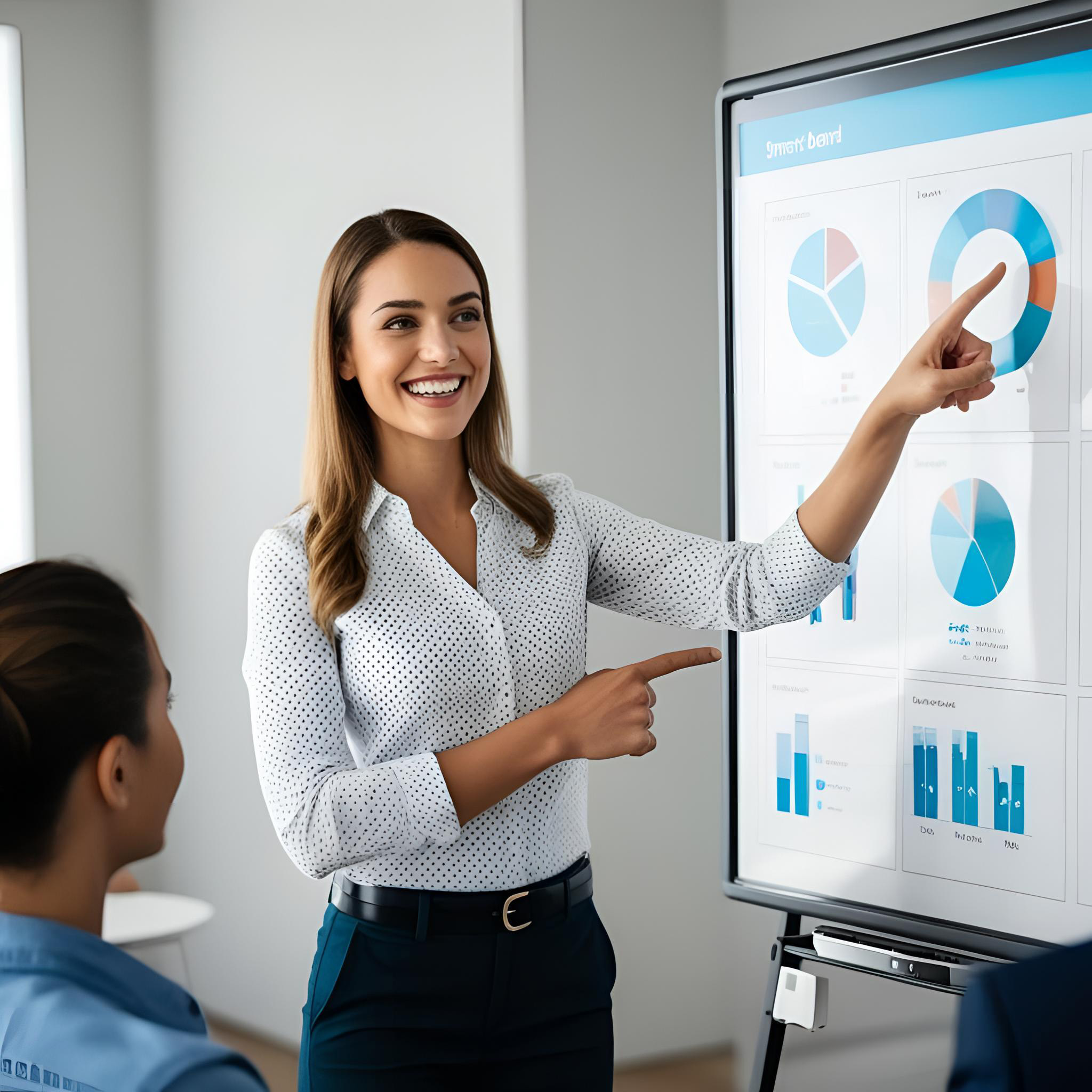 business woman pointing to whiteboard
